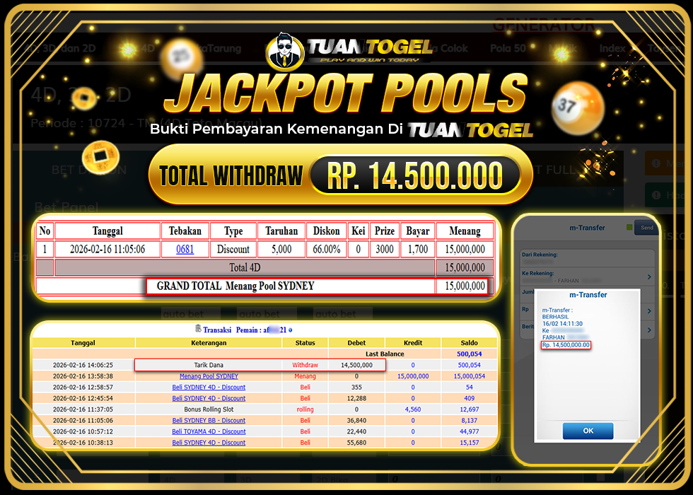 TUANTOGEL JACKPOT TOGEL SYDNEY Rp14.500.000,- LUNAS  
